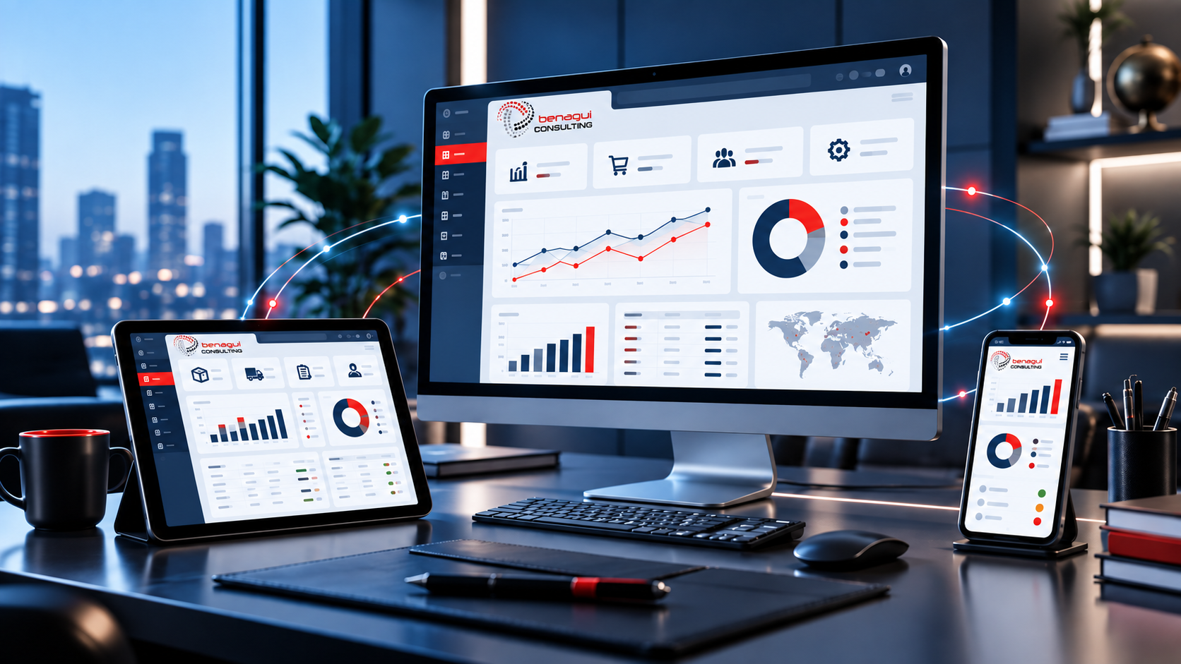 Gestión empresarial disponible en computadora, tablet y celular